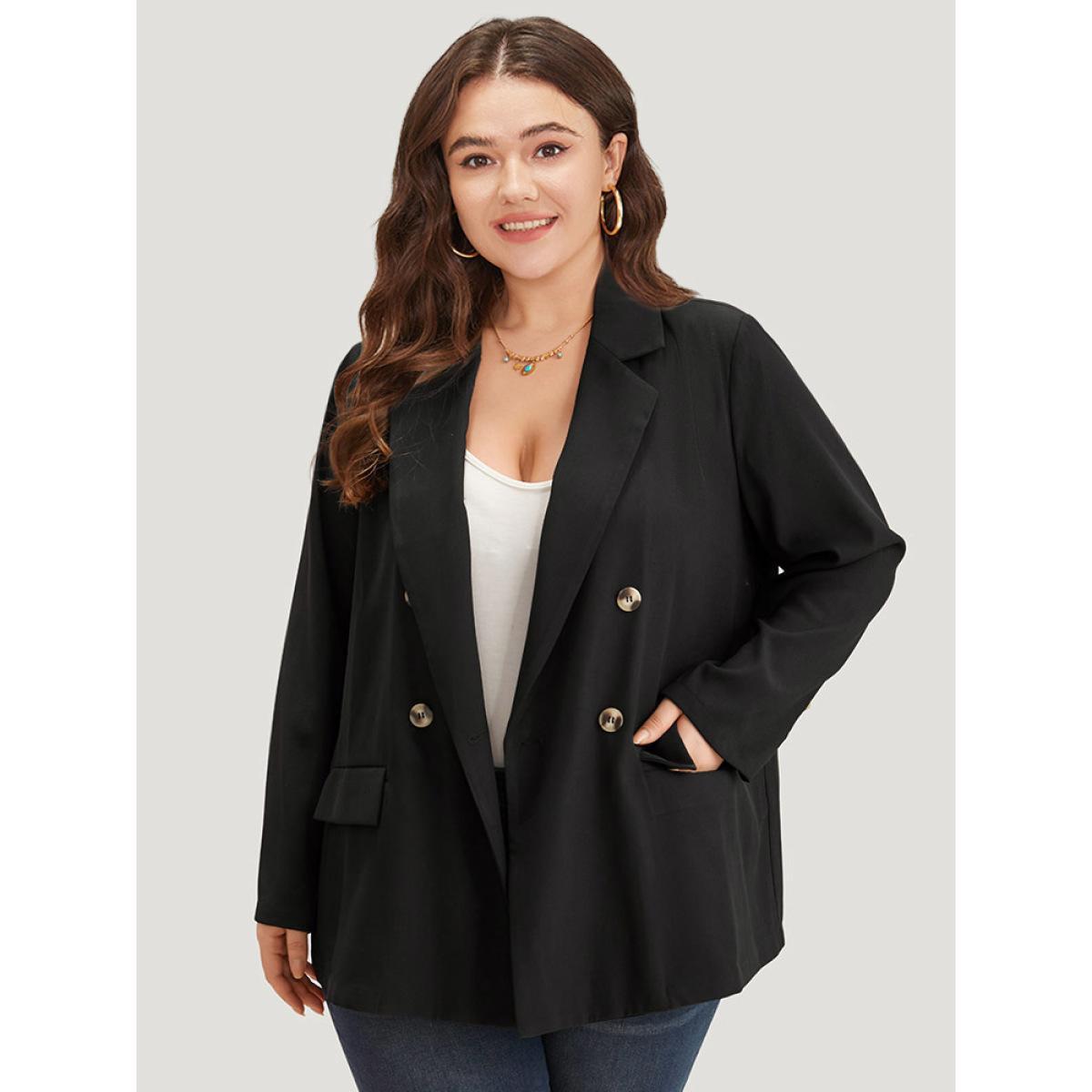 Plus Size Plain Suit Collar Pocket Double Breasted Blazer Black Women Office Plain Plain Sleeve Long Sleeve Suit Collar 10/M Pocket Workwear Essentials Blazers BloomChic Product Image