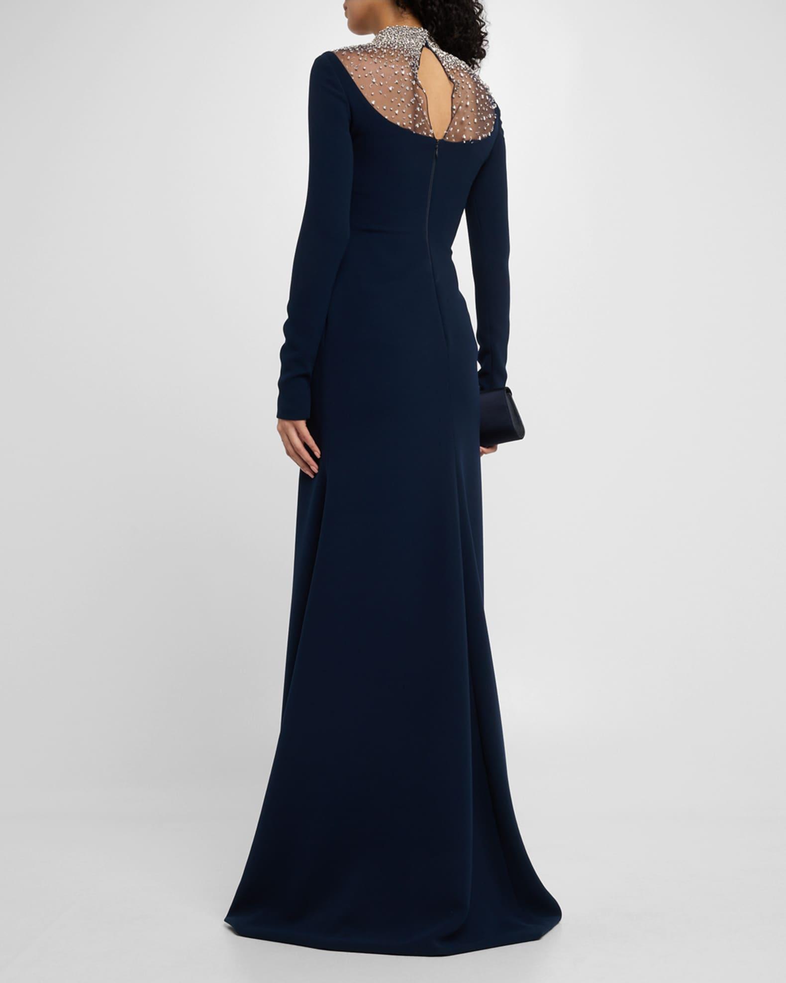 Crystal Beaded Crepe Long-Sleeve Illusion Gown Product Image