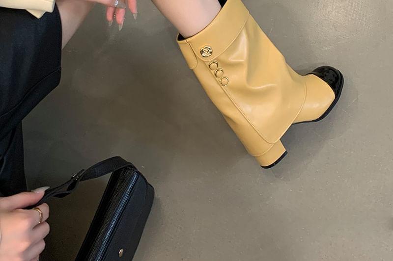 Chunky Heel Cap Toe Faux Leather Mid-Calf Boots Product Image