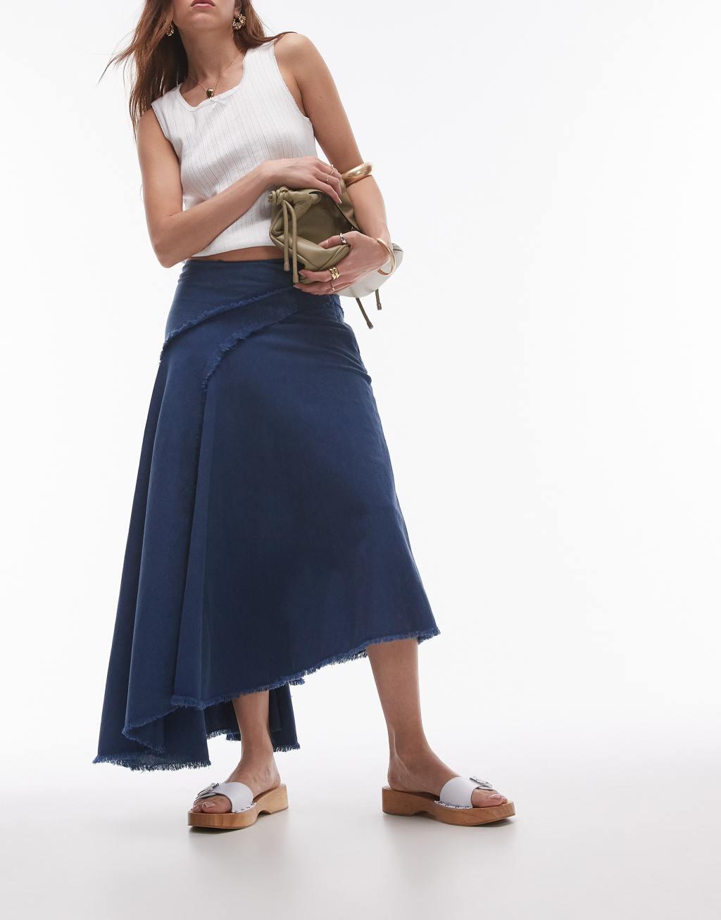 Topshop washed raw seam disjointed asymmetric skirt in blue Product Image