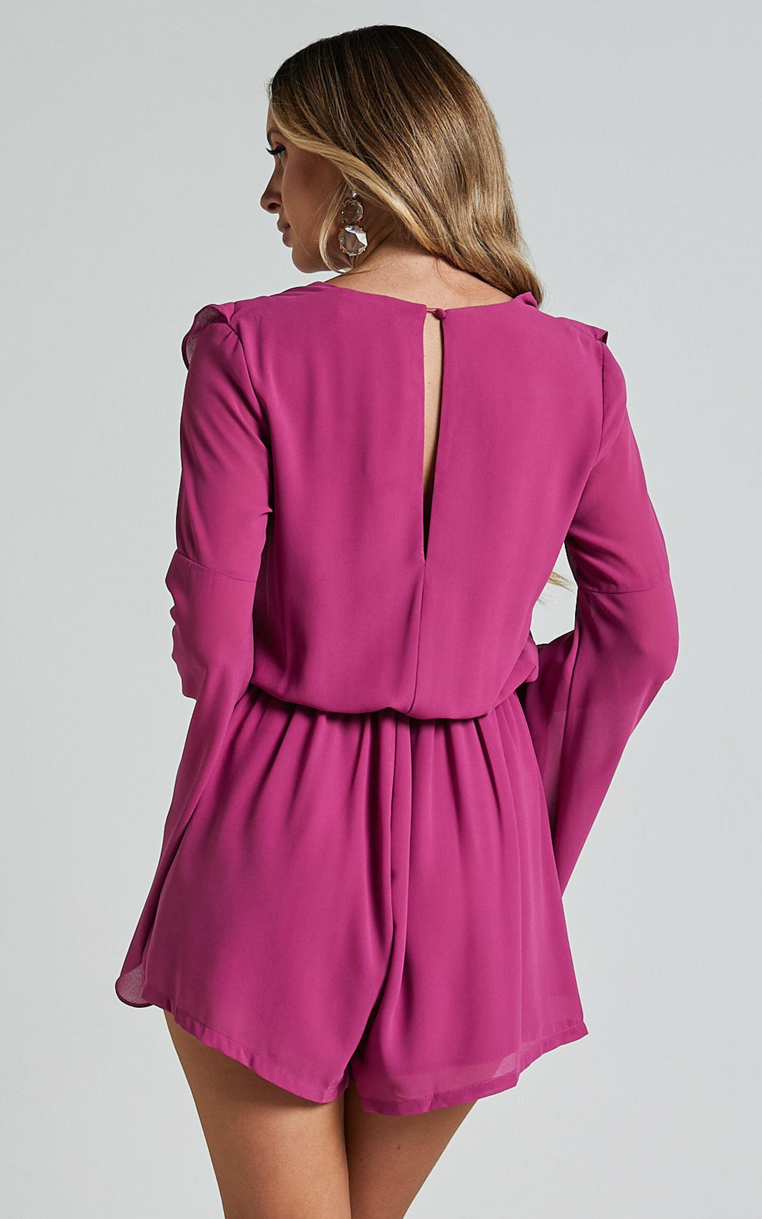 Zella Playsuit - Plunge Ruffle Detail Long Sleeve in Grape Product Image