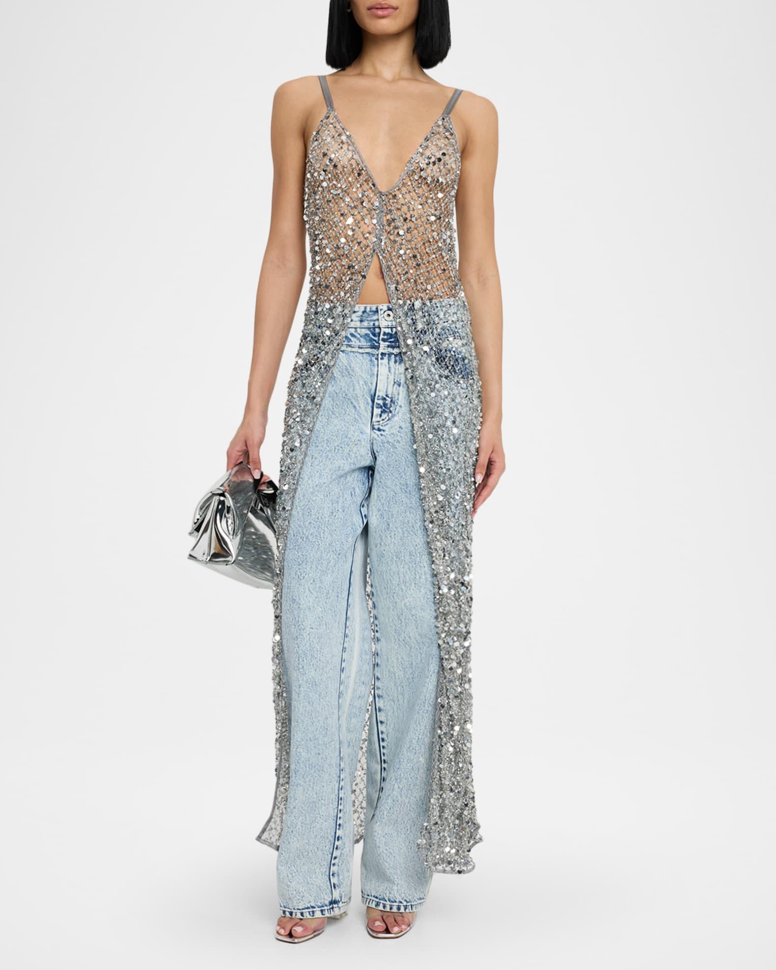 V-Neck Sequined Net Mesh Long Cami Product Image