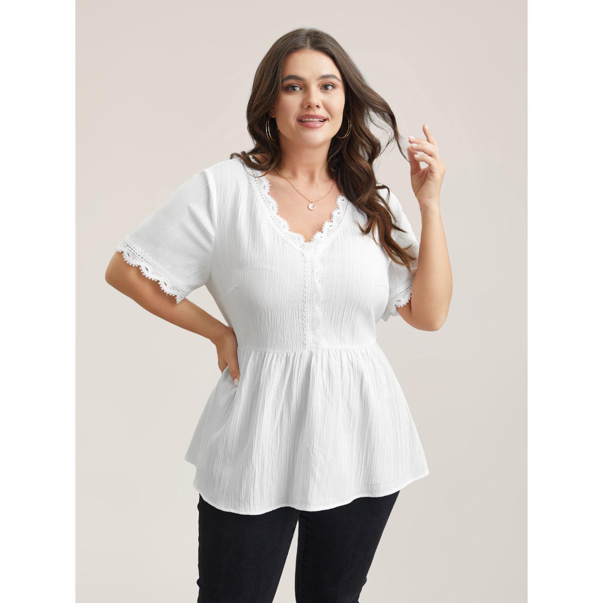 Plus Size Beige Scalloped Lace Textured Sheer Flared Shirt Women Leisure Short sleeve V-neck Casual Blouses BloomChic 28/5X Product Image