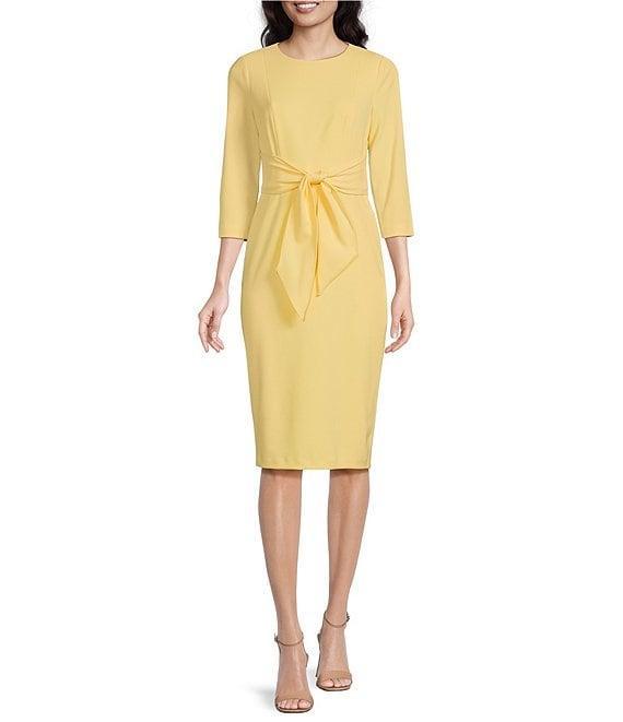 Adrianna Papell Stretch Crepe Crew Neck Tie Waist 3/4 Sleeve Midi Sheath Dress Product Image