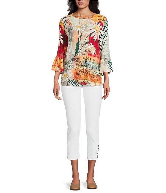 Multiples Embellished Placed Multi Print Boat Neck 3/4 Flounce Sleeve Knit Top Product Image