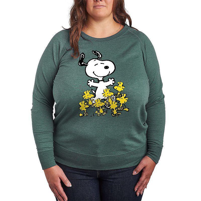 Plus Size Peanuts Snoopy & Woodstock Party Lightweight French Terry Sweatshirt, Girls Grey Green Product Image