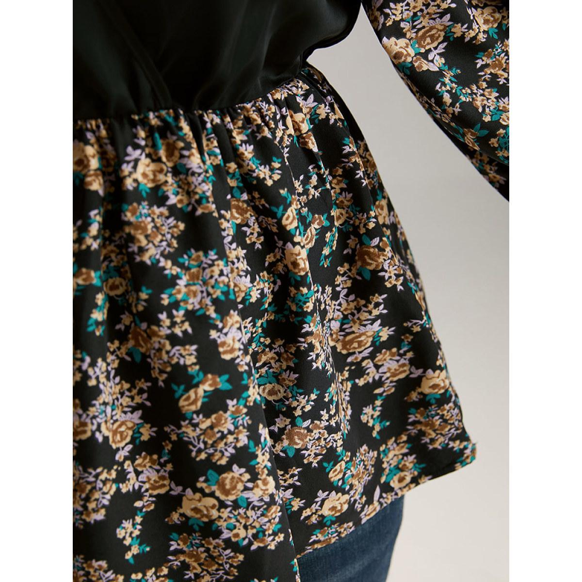 Plus Size Black Ditsy Floral Patchwork Elastic Waist Blouse Women Elegant Long Sleeve V-neck Everyday Blouses BloomChic 18-20/2X Product Image