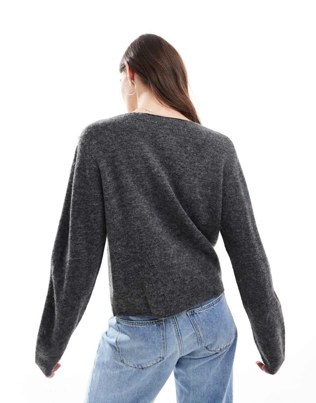 JJXX low v neck sweater in dark heather gray Product Image