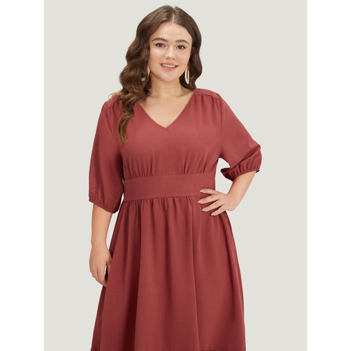 Plus Size Plain Elastic Cuffs Pocket Laser Cut Dress Russet Women Elegant Elastic cuffs V-neck Elbow-length sleeve Curvy Midi Dress BloomChic 14-16/1X Product Image