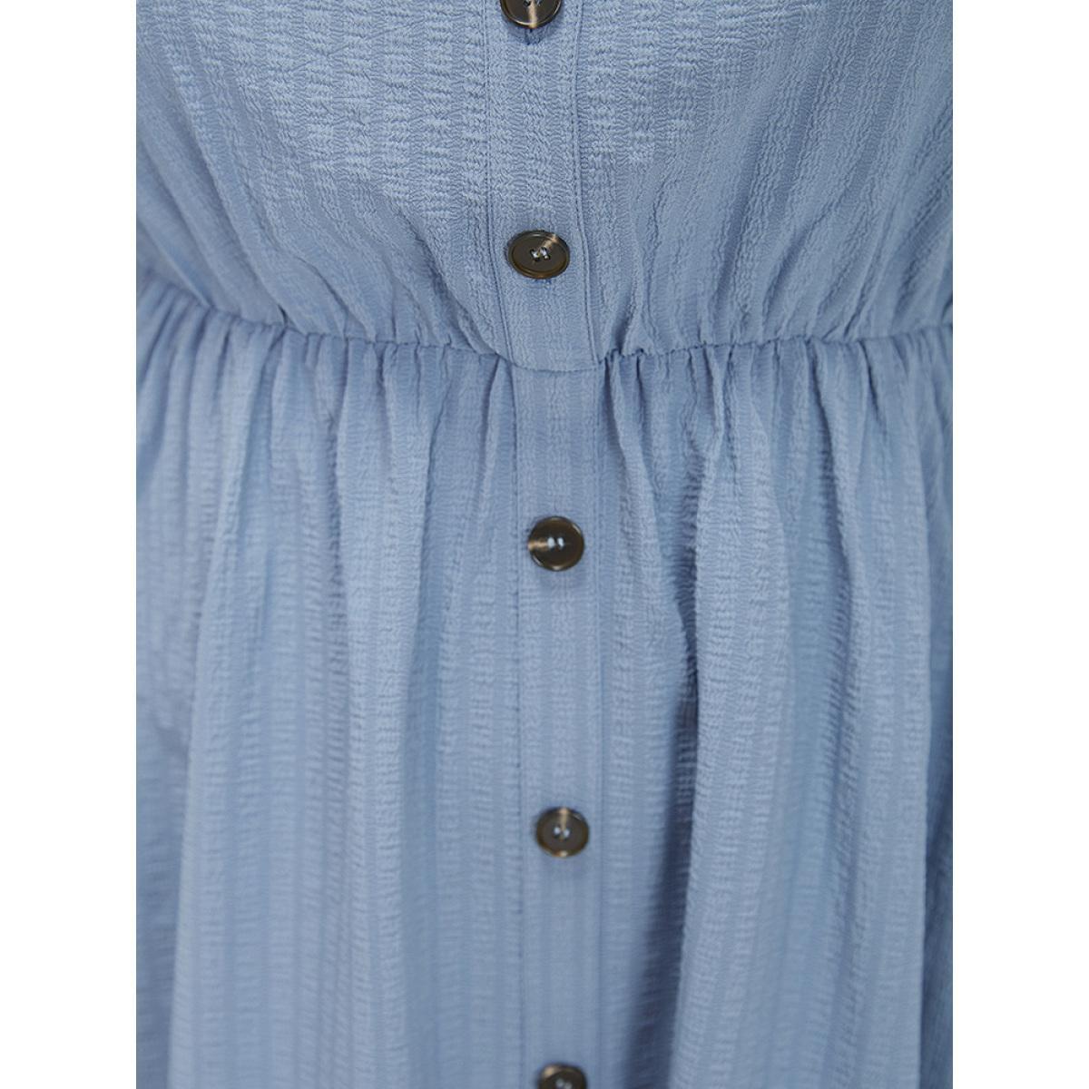 Plus Size Plain Textured Ruffle Sleeve Pocket Scalloped Trim Dress Stone Women Office Elastic Waist Square Neck Short sleeve Curvy Knee Dress BloomChic 12/L Product Image