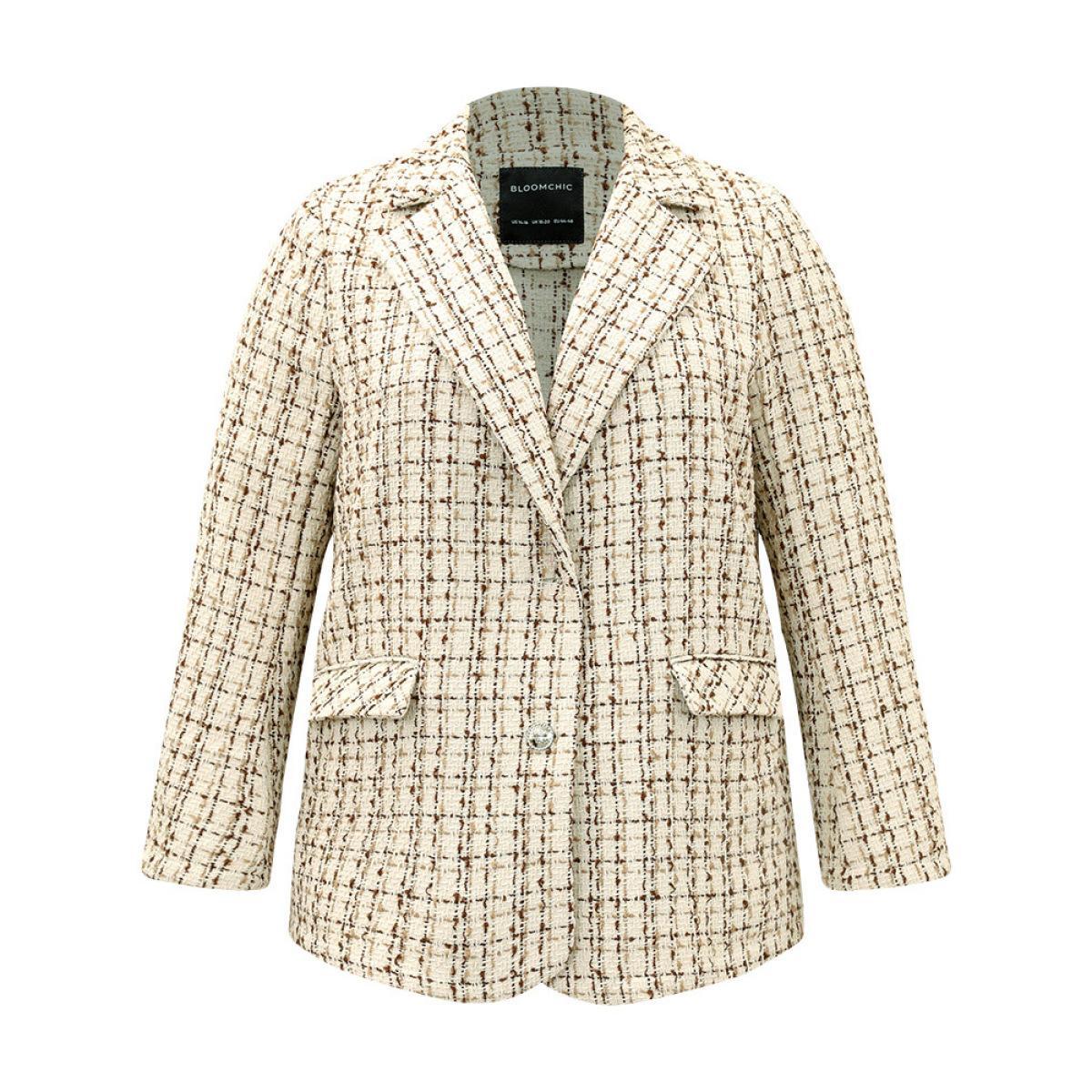 Plus Size Gingham Suit Collar Flap Pocket Blazer Ivory Women Dailywear Gingham Texture Sleeve Long Sleeve Suit Collar 28/5X Pocket Casual Blazers BloomChic Product Image