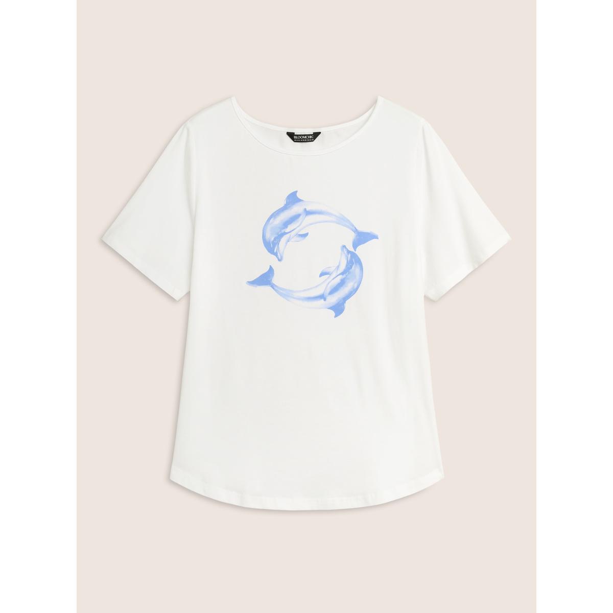 Plus Size Crew Neck Dolphin Print Arc Hem T-shirt Originalwhite Women Resort Contrast Marine Round Neck Vacation T-shirts BloomChic 18-20/2X Product Image