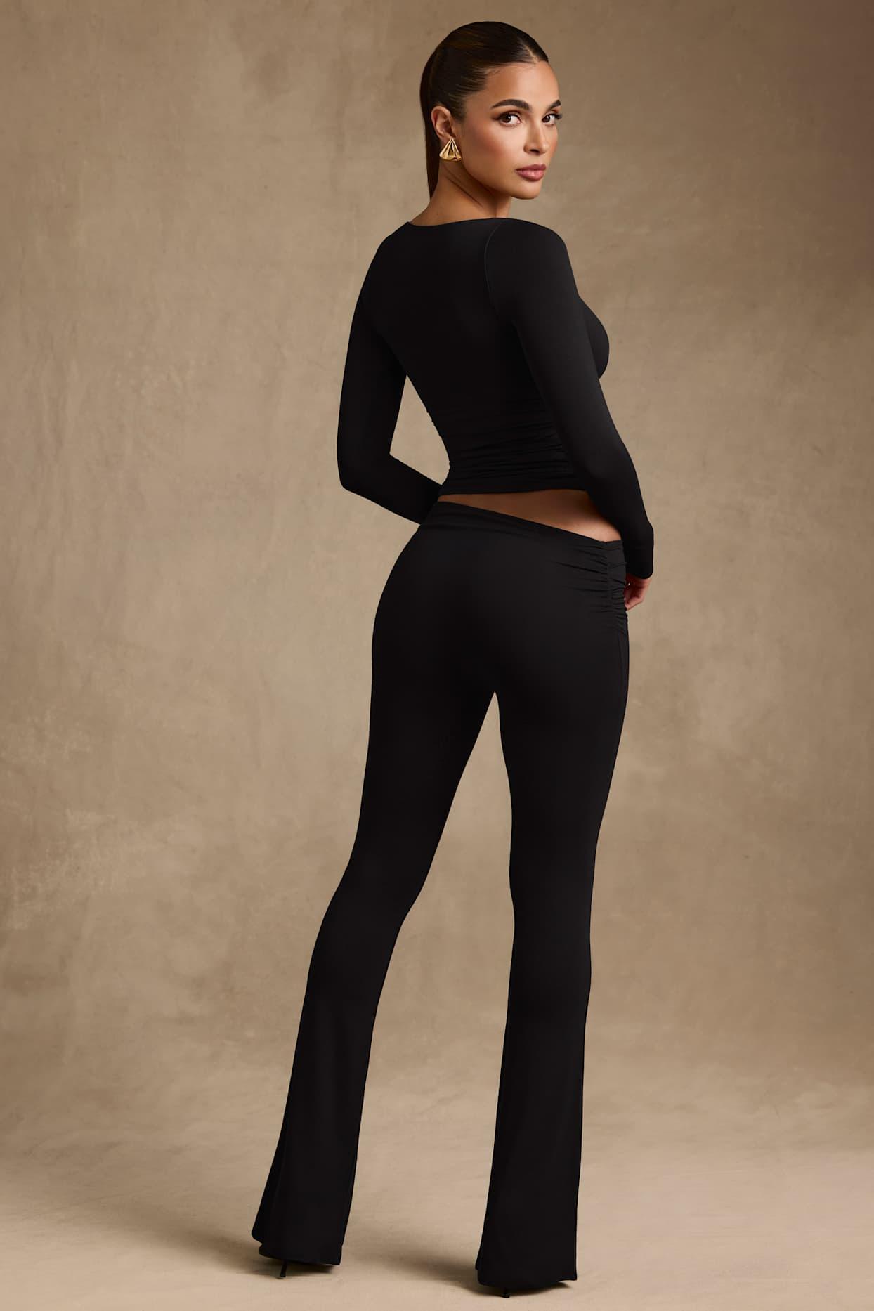 Modal Asymmetric-Waist Flared Trousers in Black Product Image