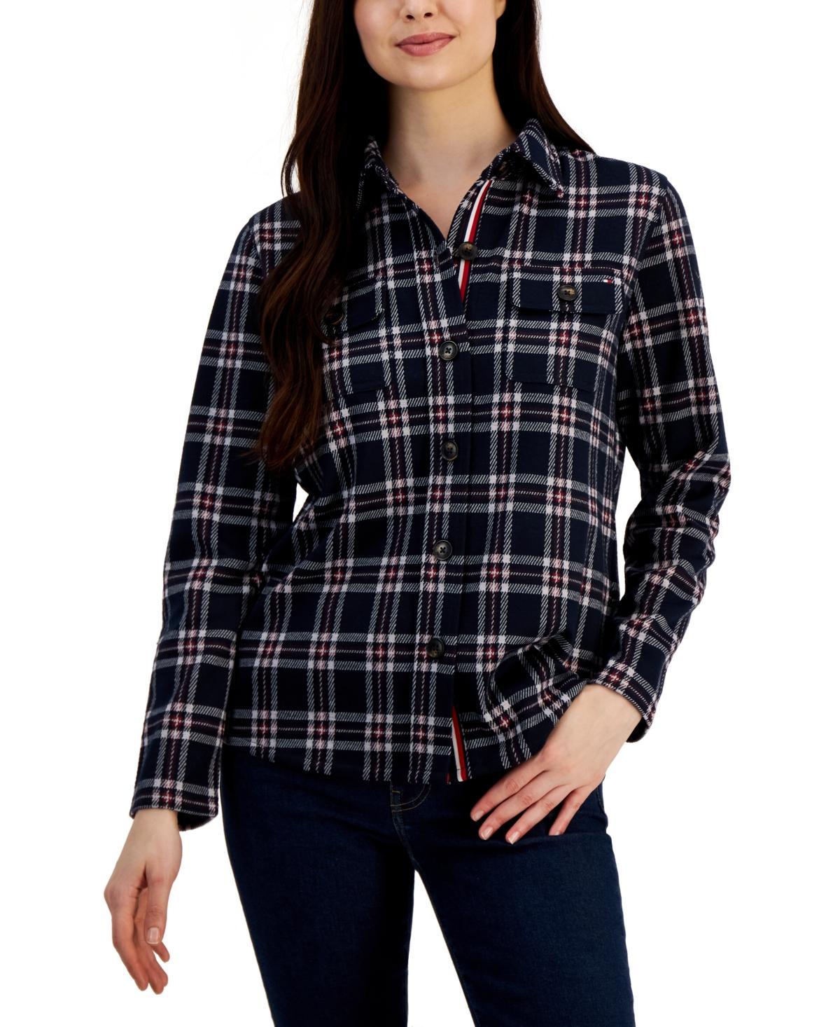 Tommy Hilfiger Womens Collared Plaid Shirt Jacket - Hillside Plaid- Bridal Rose Product Image