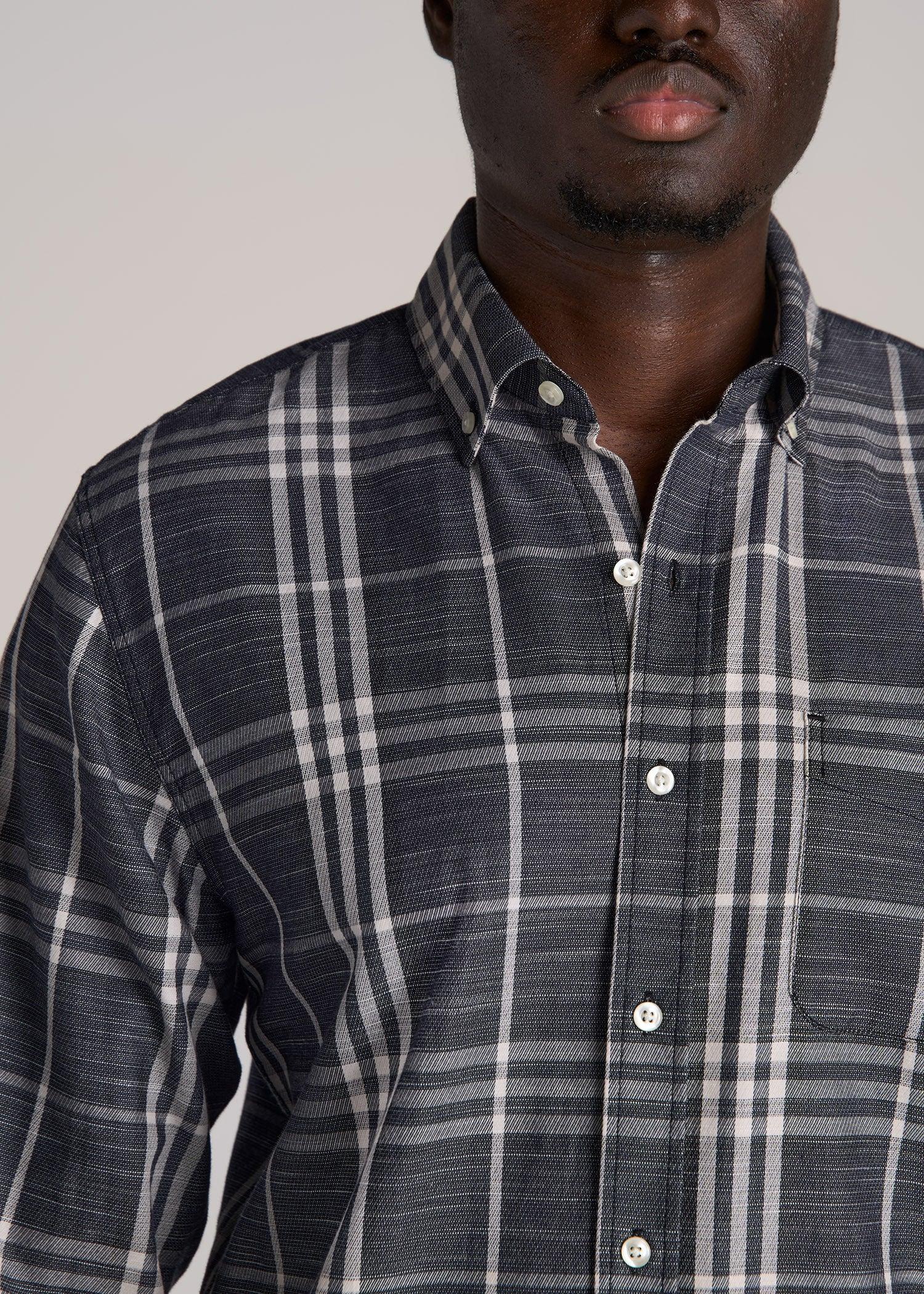 Textured Weave Cotton Button-Up Shirt for Tall Men in Dark Blue Plaid Male Product Image