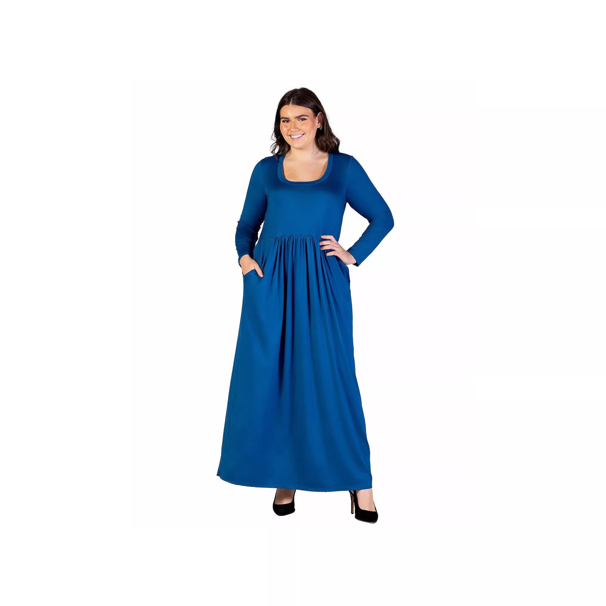 Plus Size 24Seven Comfort Apparel Long Sleeve Empire Waist Pocket Maxi Dress, Women's, Size: 3XL, Blue Product Image