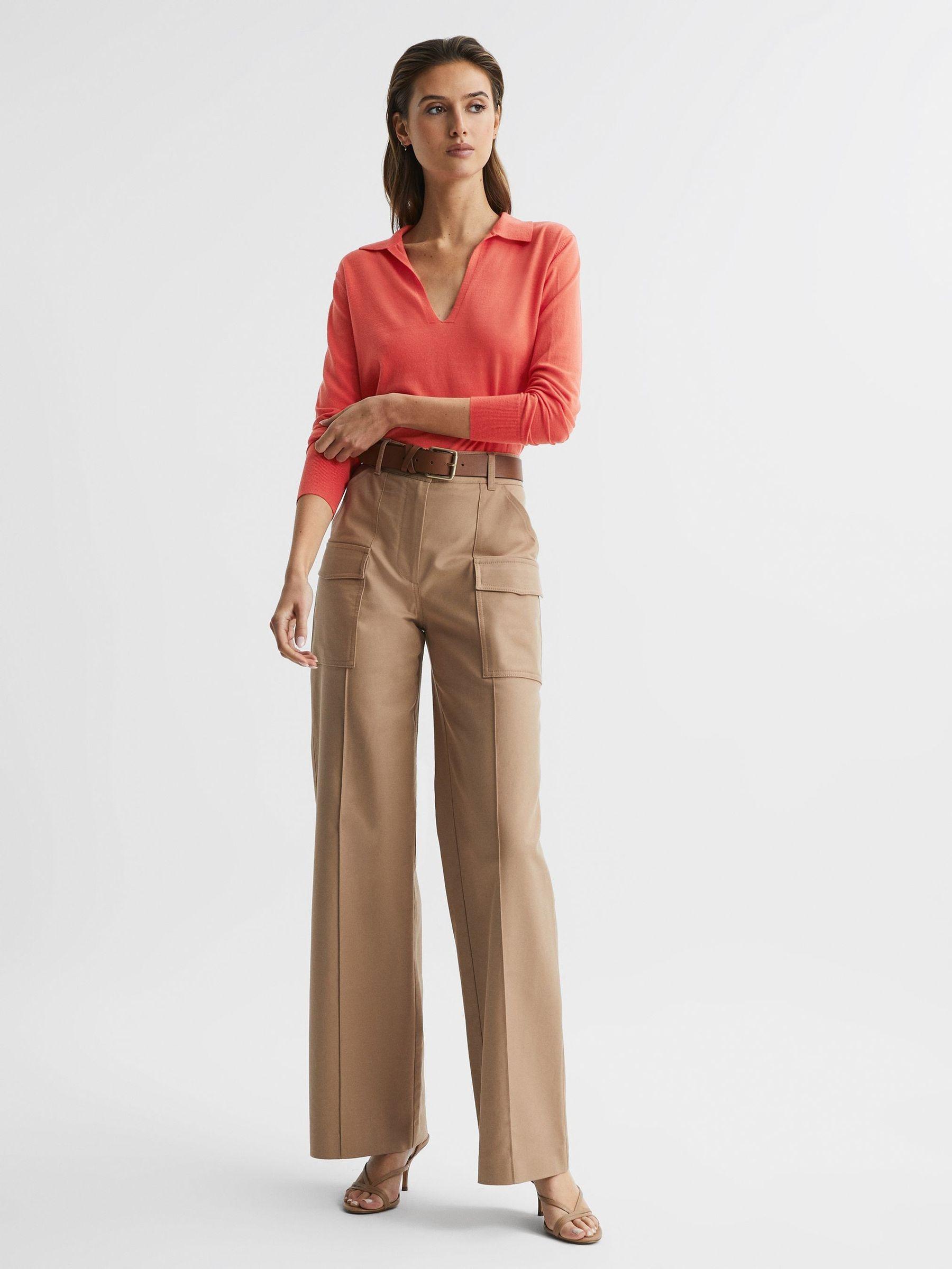 Knitted Collared V-Neck Top in Coral Product Image