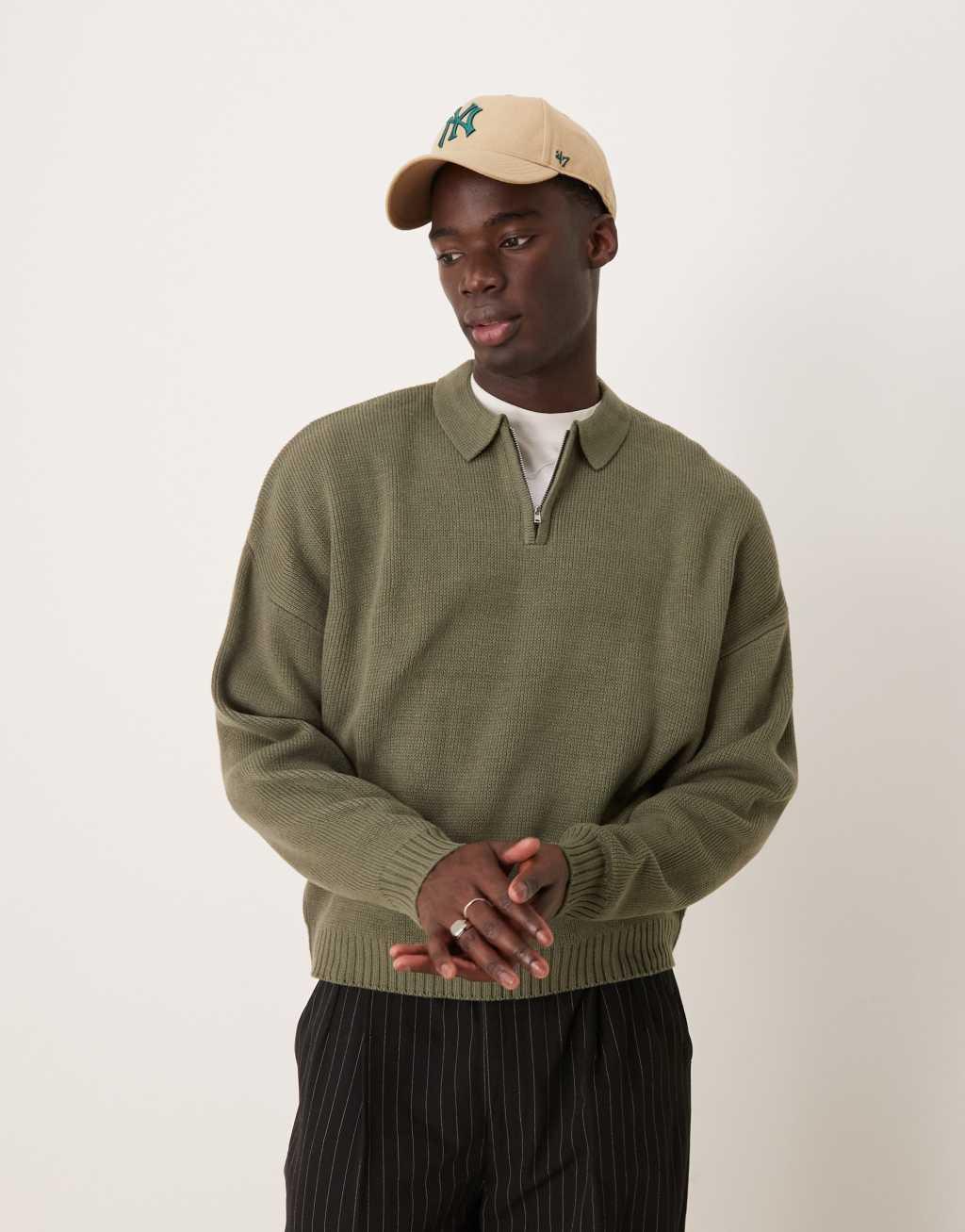 ASOS DESIGN oversized boxy fit knitted polo sweater with quarter zip in khaki Product Image