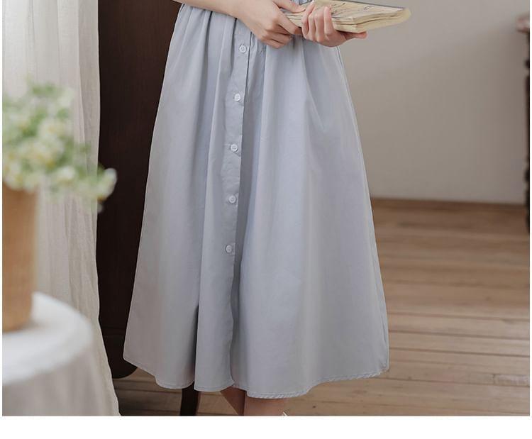 Short-Sleeve Collared Plain Midi A-Line Dress Product Image