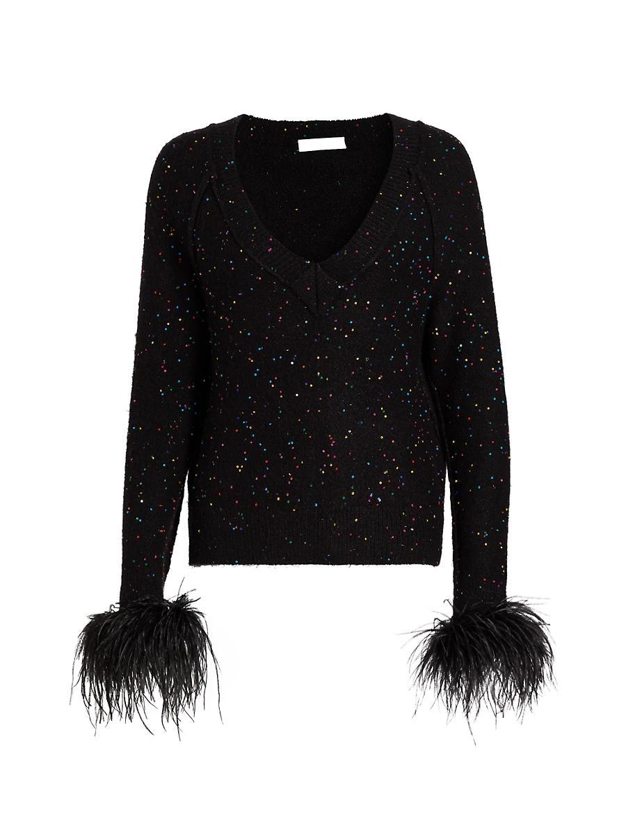 Womens Sequin-Feather V-Neck Sweater Product Image