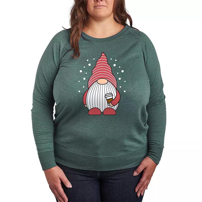 Plus Size Gnome Holding Coffee French Terry Long Sleeve Tee, Womens Grey Green Product Image