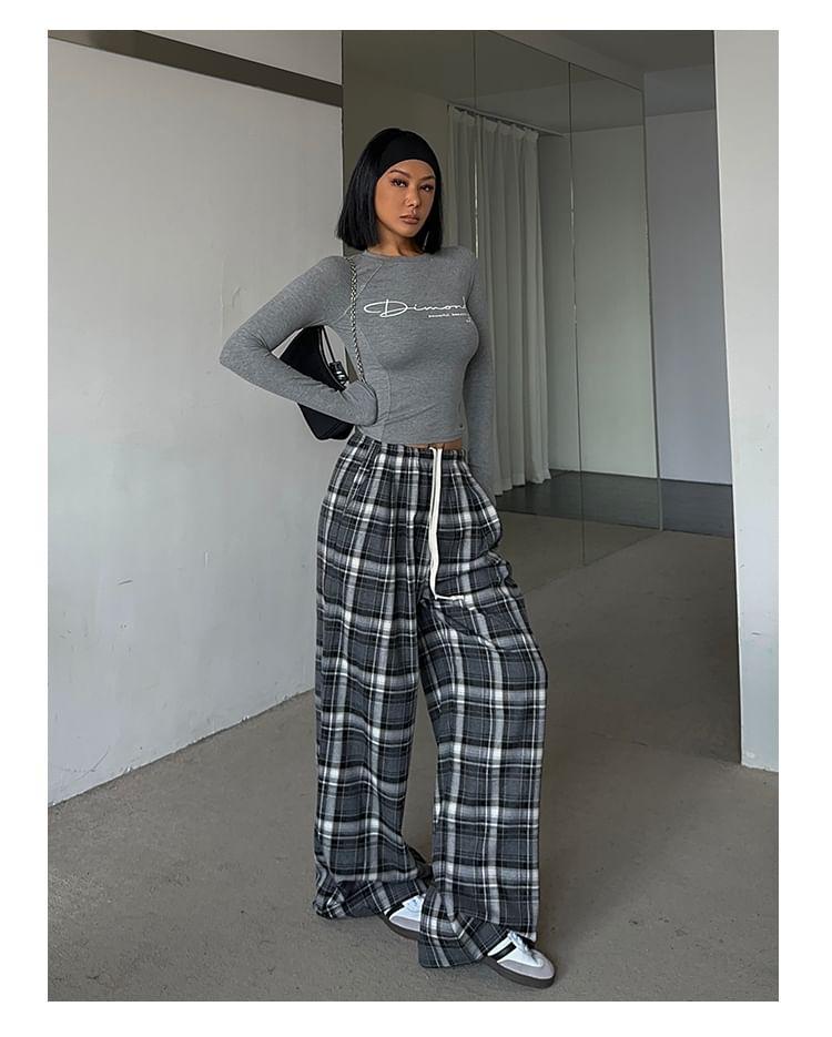 Drawstring Waist Plaid Wide Leg Pants Product Image