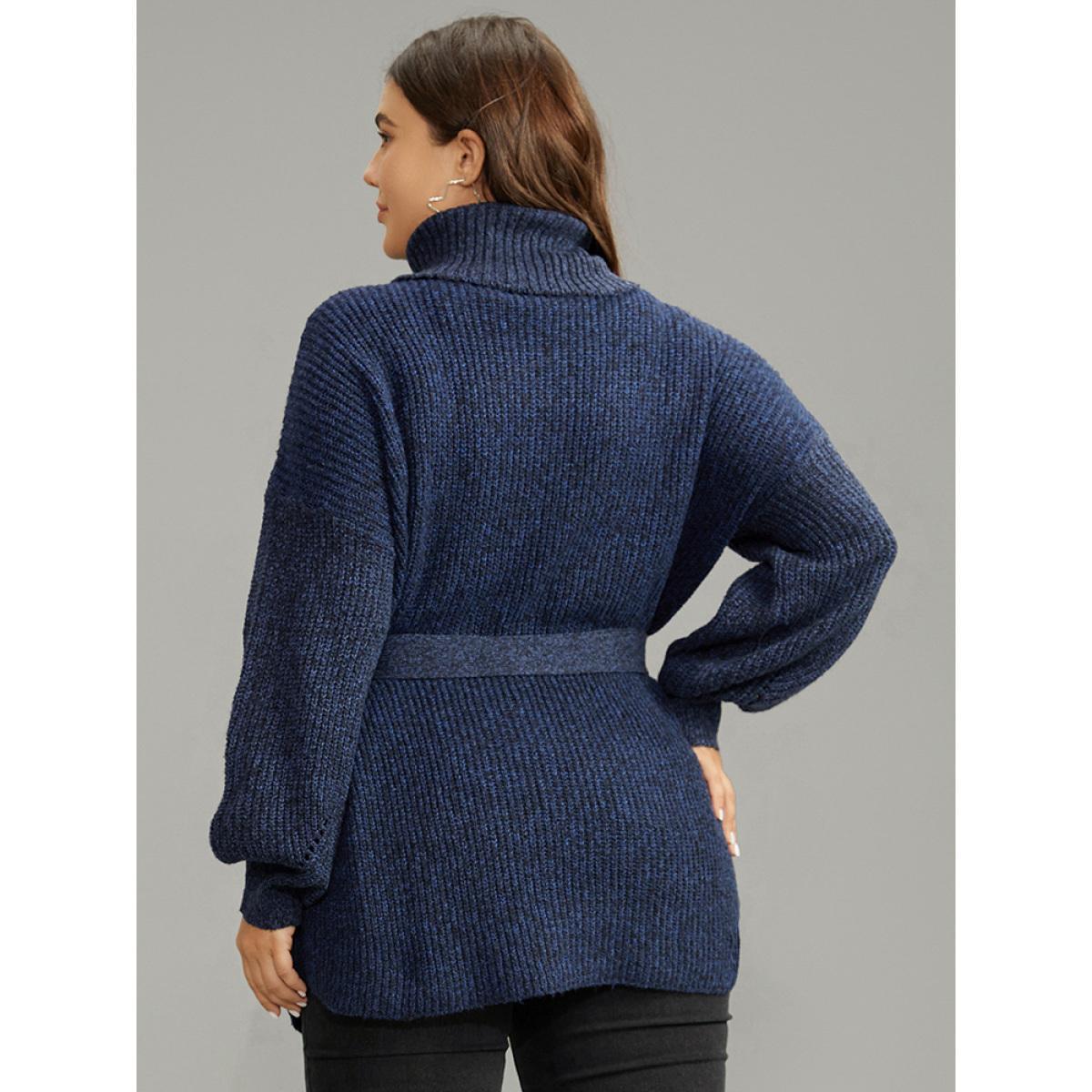 Plus Size Turtle Neck Belted Drop Shoulder Pullover Navy Women Casual Loose Long Sleeve Lapel Collar Dailywear Pullovers BloomChic 10/M Product Image