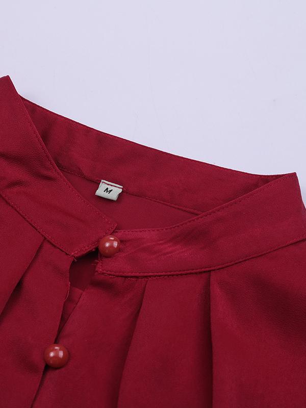 Loose Puff Sleeves Pleated Solid Color Split-Joint Stand Collar Blouses Product Image