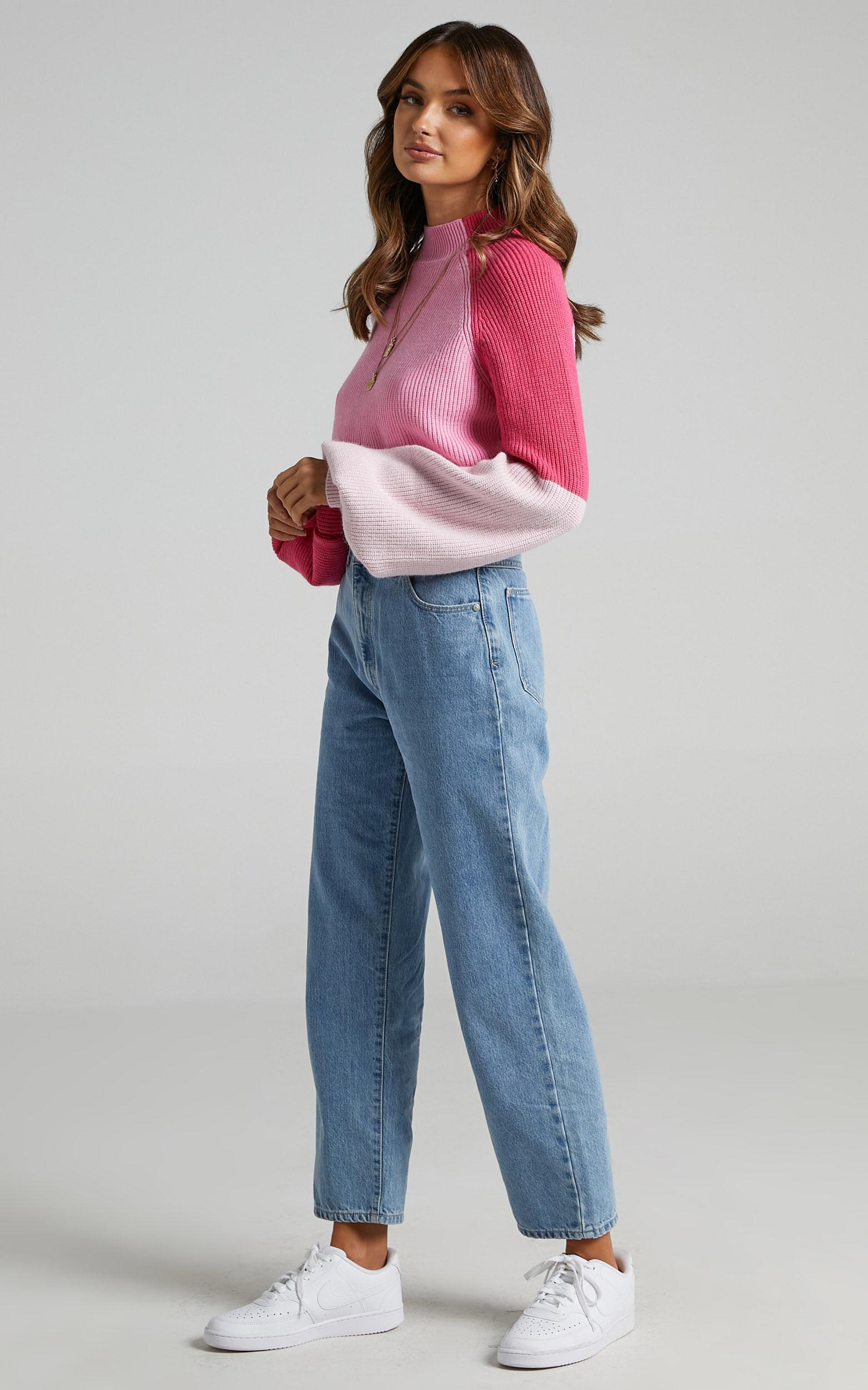 Kensley Jumper - Colour Block Turtleneck Balloon Sleeve Knit Jumper in Pink Product Image