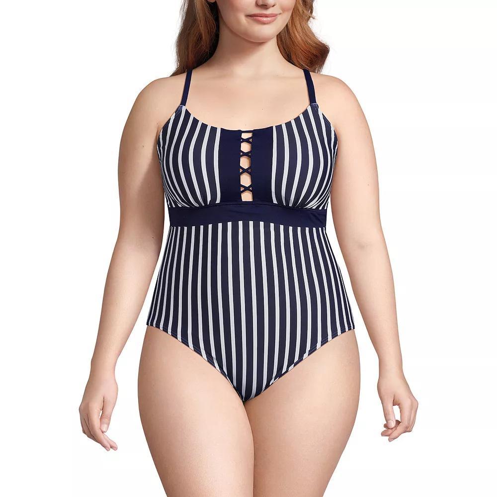 Plus Size Lands' End Lace-Up Front One-Piece Swimsuit, Women's, Size: 20 W, White Stripe Product Image
