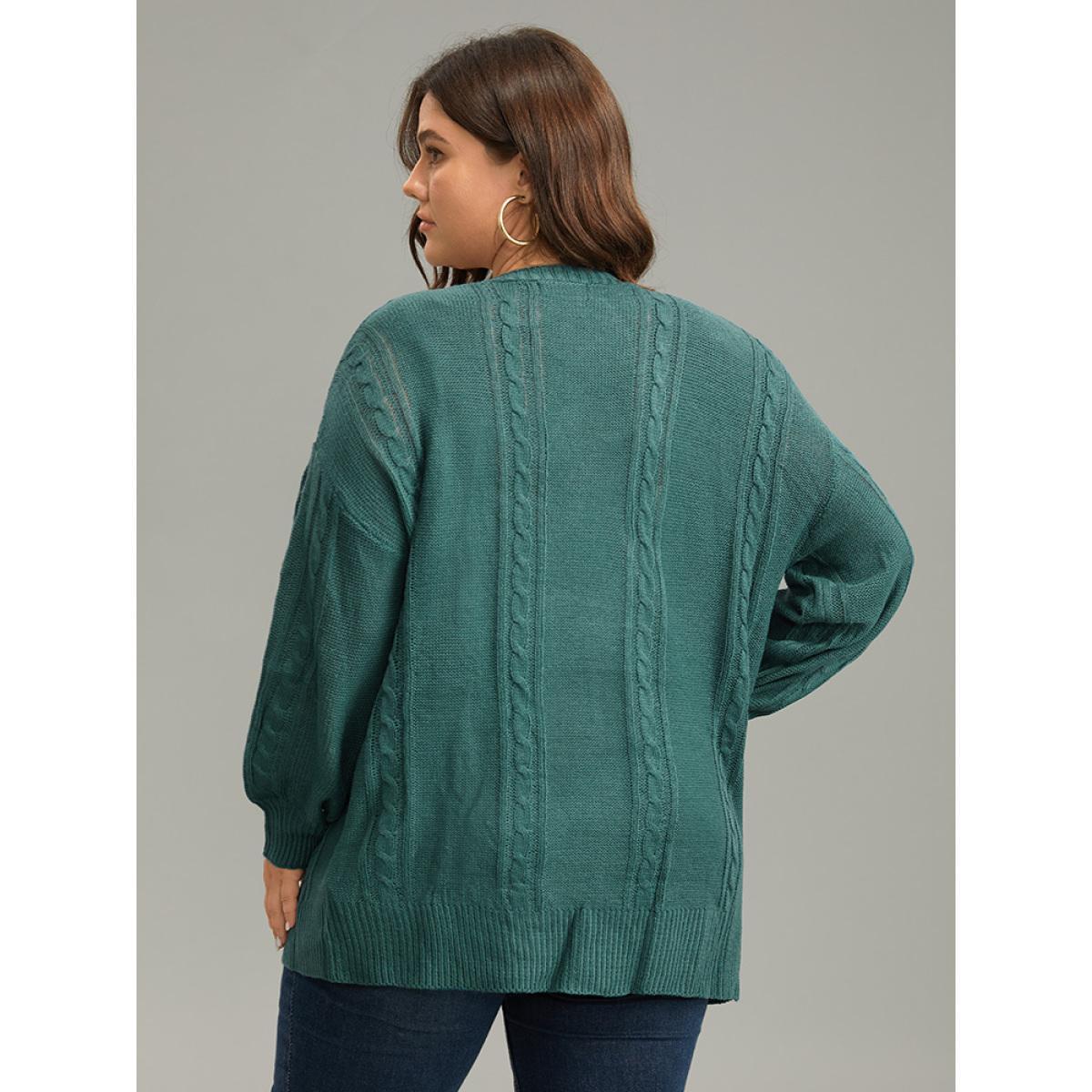 Plus Size Floral Embroidered Cable Knit Lantern Sleeve Cardigan DarkGreen Women Casual Loose Long Sleeve Dailywear Cardigans BloomChic 26/4X Product Image