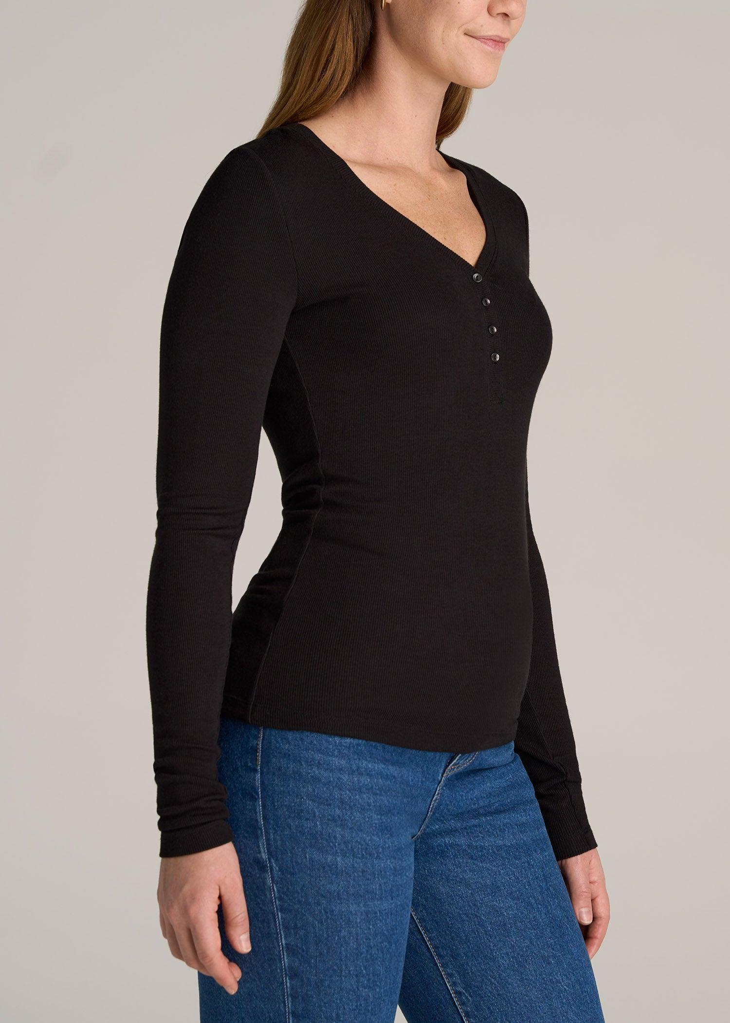 Fitted Ribbed Long Sleeve Henley for Tall Women in Black Female Product Image