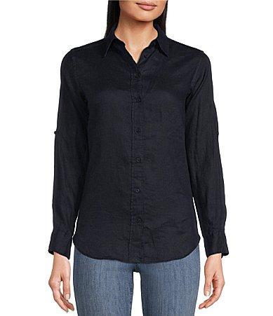 Lauren Ralph Lauren Point Collar Long Roll-Tab Sleeve Button Front Linen Shirt Product Image