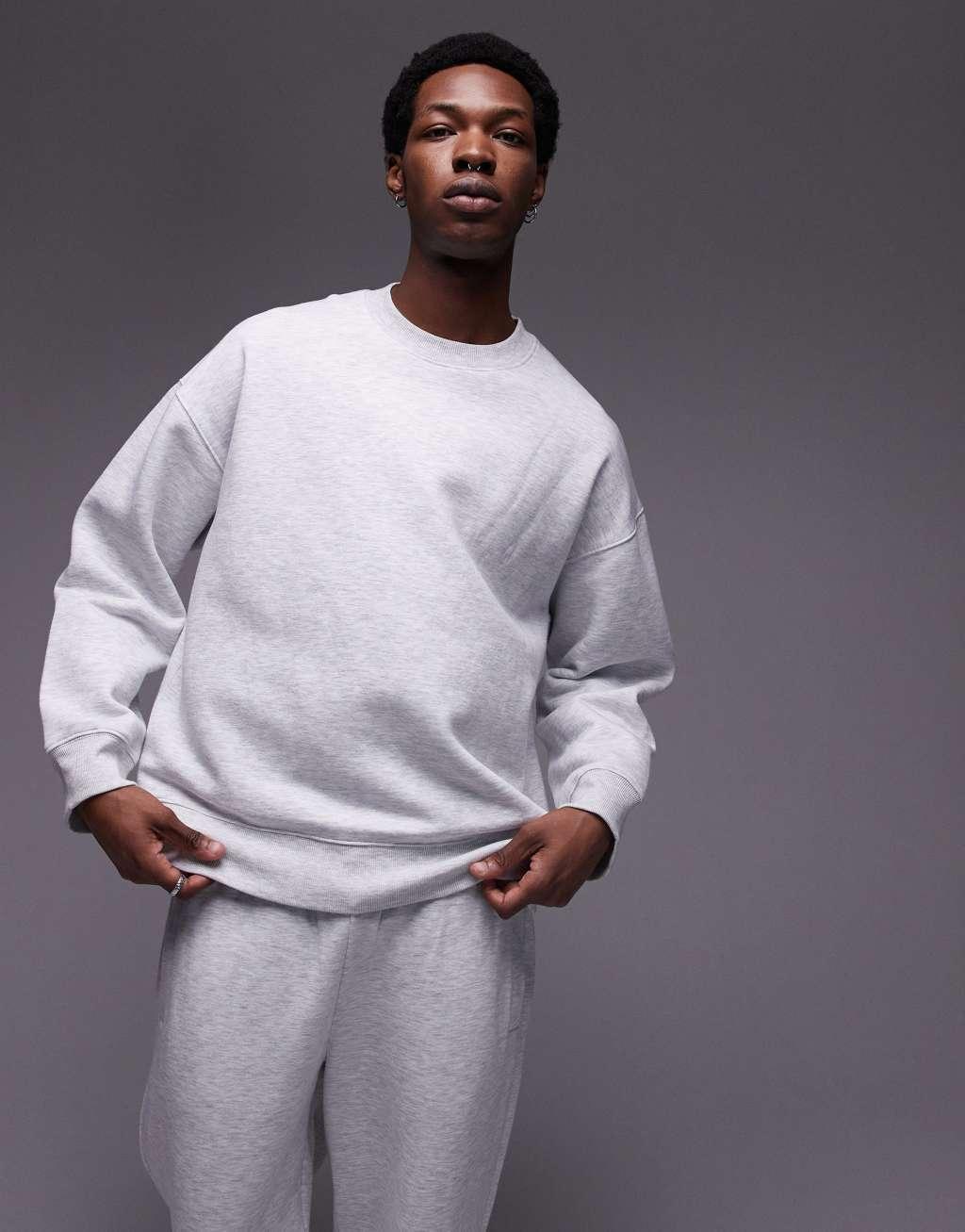 Topman oversized sweatshirt and straight leg sweatpants set in frost gray heather Product Image