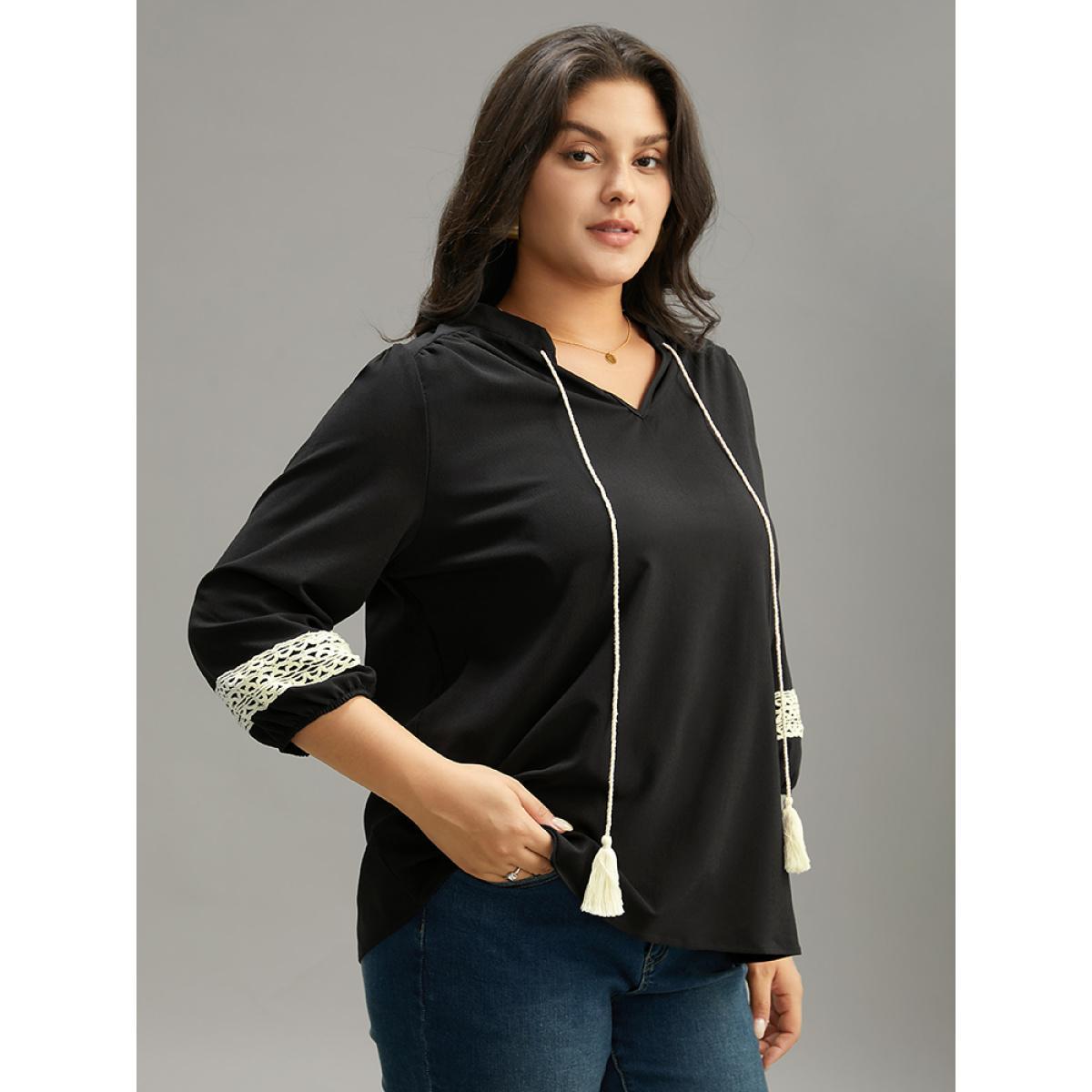 Plus Size Black Patchwork Tassel Trim Knot Lantern Sleeve Blouse Women Vacation Long Sleeve V-neck Dailywear Blouses BloomChic 14-16/1X Product Image