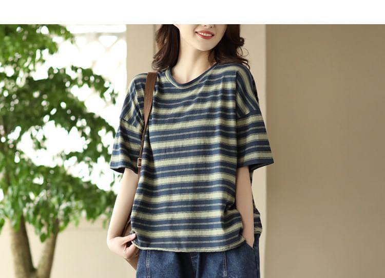 Elbow-Sleeve Crew Neck Striped T-Shirt Product Image