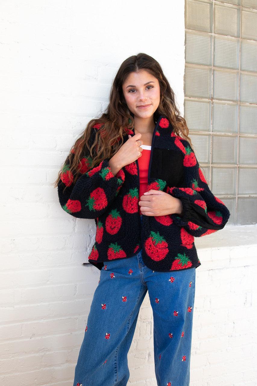 Fruit Pattern Corduroy Detail Faux Sherpa Jacket Product Image