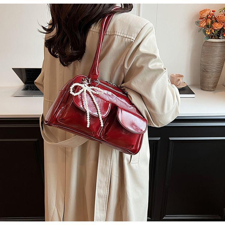 Set: Plain Faux Leather Shoulder Bag + Bag Charm Product Image