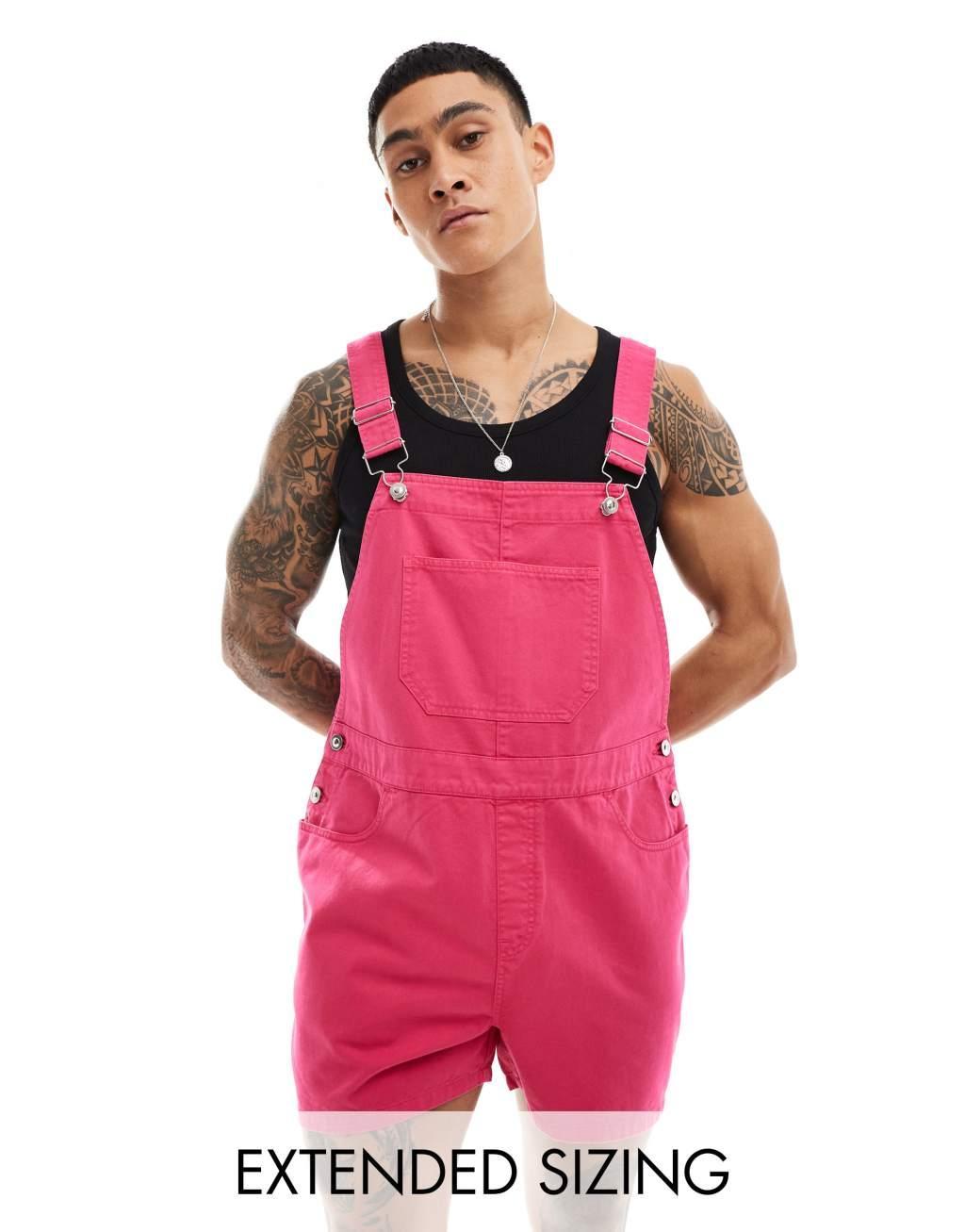 ASOS DESIGN shorter length overalls in bright pink Product Image