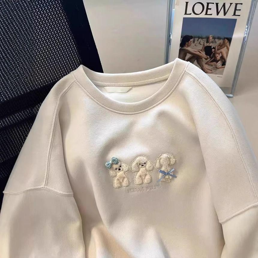 Crew Neck Dog Embroidered Bow Accent Pullover Product Image