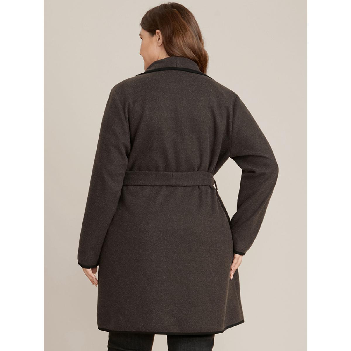 Plus Size Contrast Trim Pocket Belted Lapel Collar Coat Women DarkBrown Office Belted Ladies Work Winter Coats BloomChic 28/5X Product Image