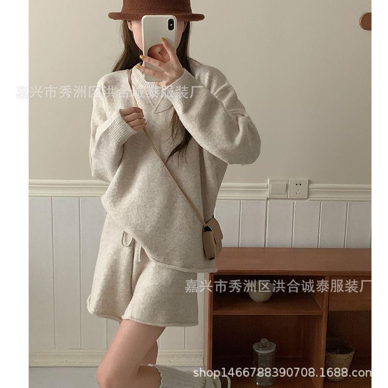 Set: Round Neck Plain Sweater + Drawstring Waist Knit Shorts Product Image