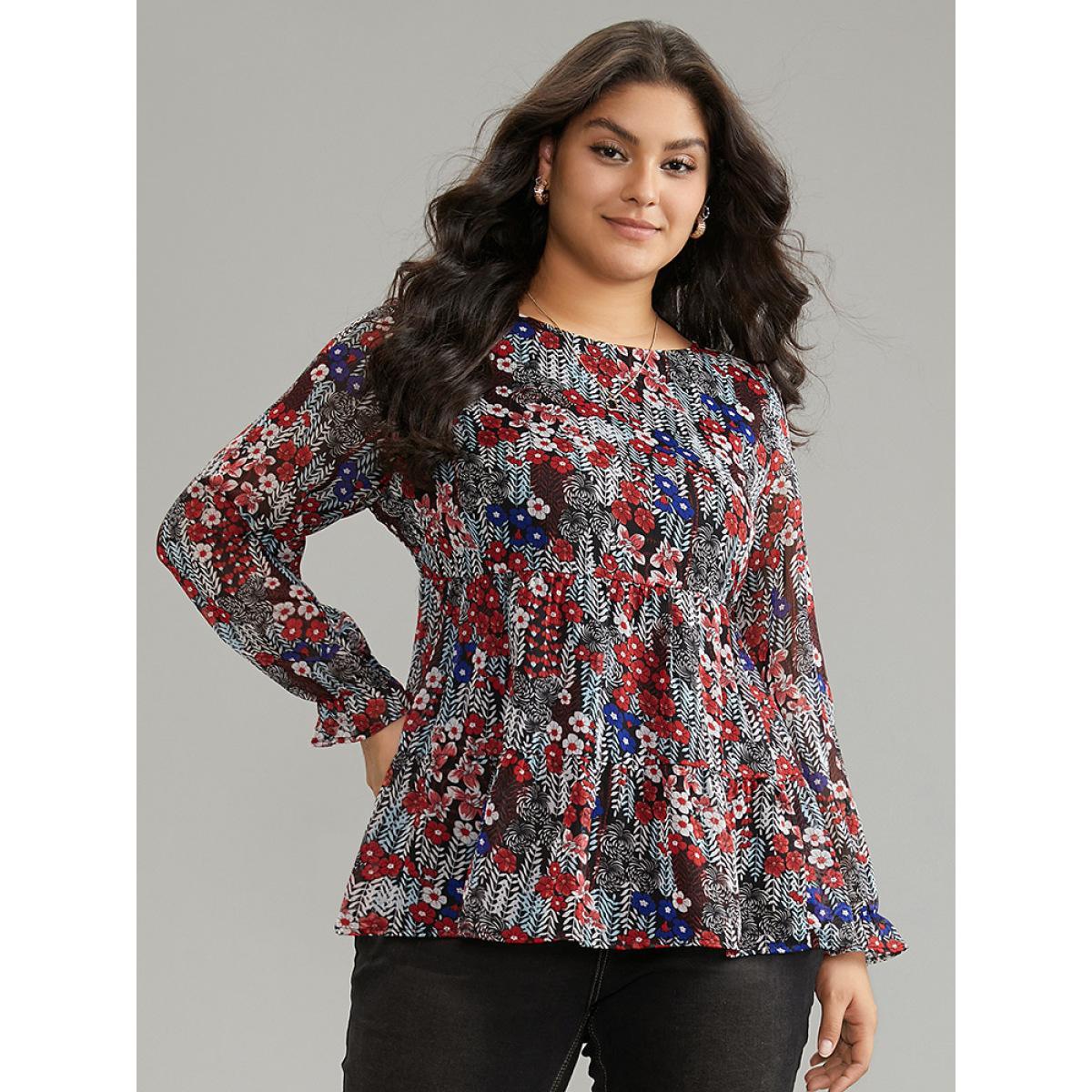 Plus Size Black Floral Ruffles Elastic Waist Lantern Sleeve Chiffon Blouse Women Elegant Long Sleeve Round Neck Everyday Blouses BloomChic 30/6X Product Image
