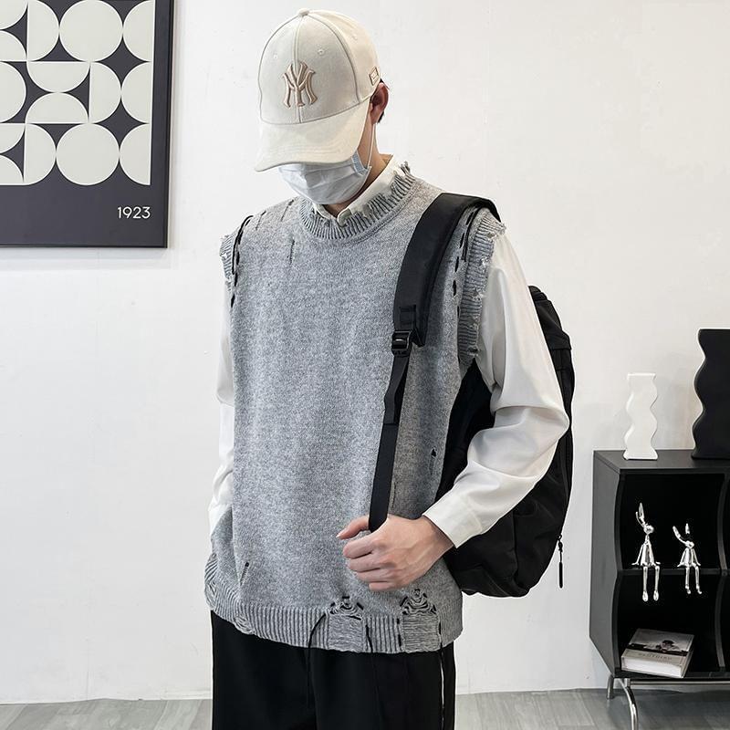 Plain Distressed Knit Sweater Vest Product Image