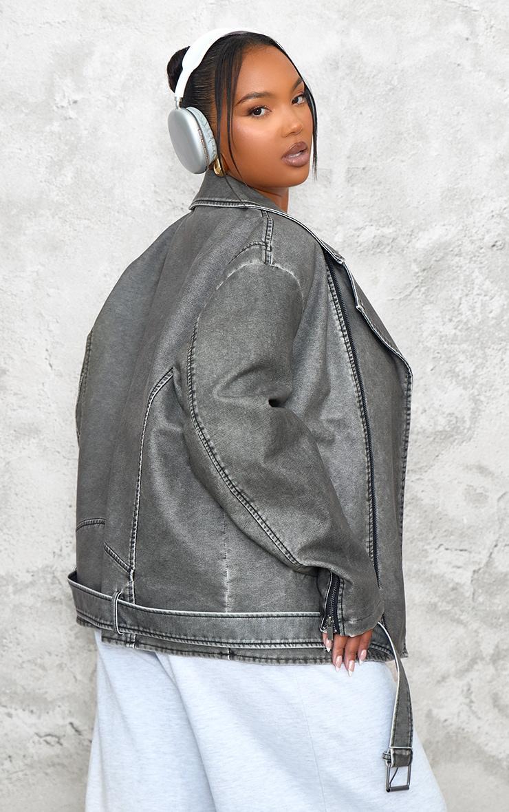 Plus Charcoal Distressed Look Faux Leather Longline Biker Jacket Product Image