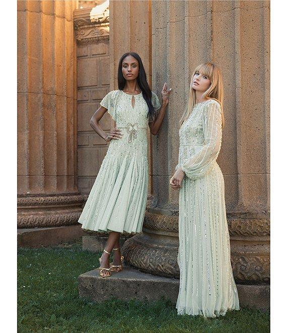 Mac Duggal Embellished Mesh Striped Beaded Boat Neck Long Sleeve Gown Product Image