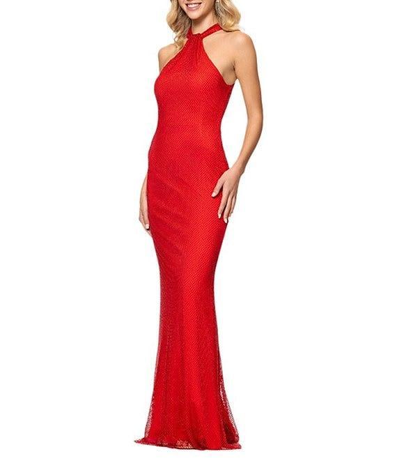 Betsy & Adam Mesh Rhinestone Halter Neck Sleeveless Sheath Gown Product Image