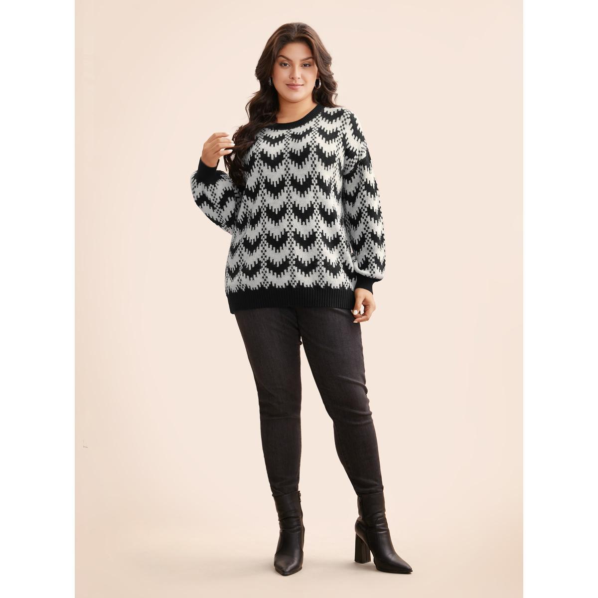 Plus Size Geometric Jacquard Drop Shoulder Sleeve Pullover Black Women Casual Loose Long Sleeve Round Neck Everyday Pullovers BloomChic 12/L Product Image