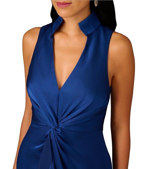 Aidan Mattox Satin Crepe Back Point Collar V-Neck Sleeveless Front Twist Cascade Ruffle Sheath Dress Product Image