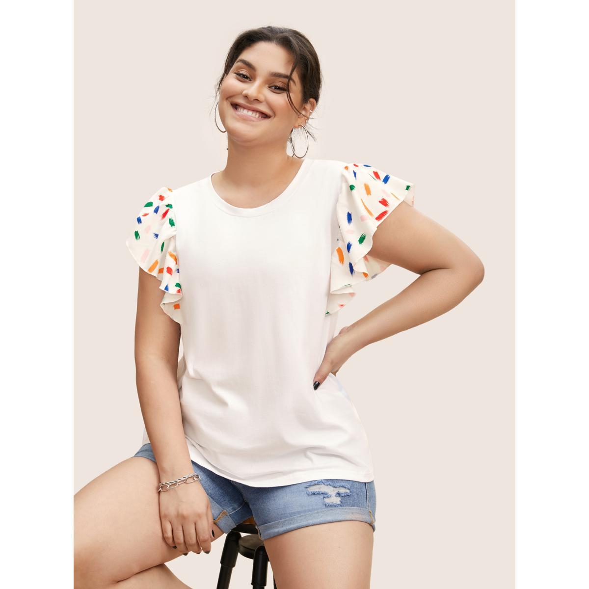 Plus Size Colored Brush Print Ruffle Cap Sleeve T-shirt Originalwhite Women Casual Contrast Round Neck Everyday T-shirts BloomChic 30/6X Product Image